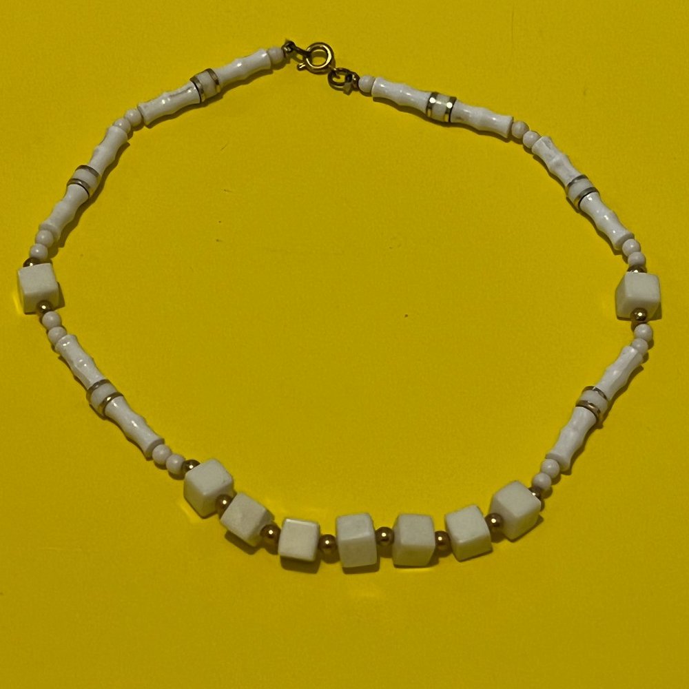 70s White Square Long Bead Gold Tone Necklace